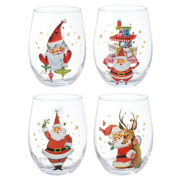 Retro Santa Stemless Wine Glasses