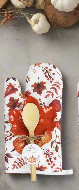 Ceramic Traditional Fall Spoon Rest & Oven Mitt