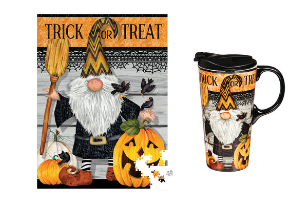 Trick Or Treat Gnome 17 OZ Ceramic Cup and Puzzle Gift Set