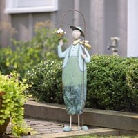 Metal Farmer with Flower Statuary