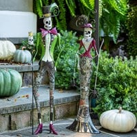 Metal Skeleton Man with Top hat Statuary/Woman with Spiders Statuary, Set of 2