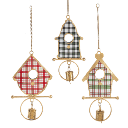 Plaid Birdhouse w/Bell Ornaments