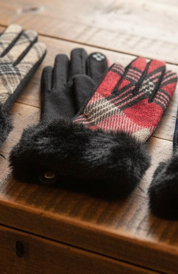 Women's Plaid Gloves with Faux Fur Cuffs