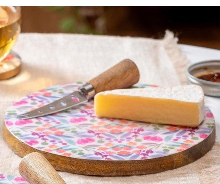 Petal Paradise Mango Wood Cheese Board with Knife Set