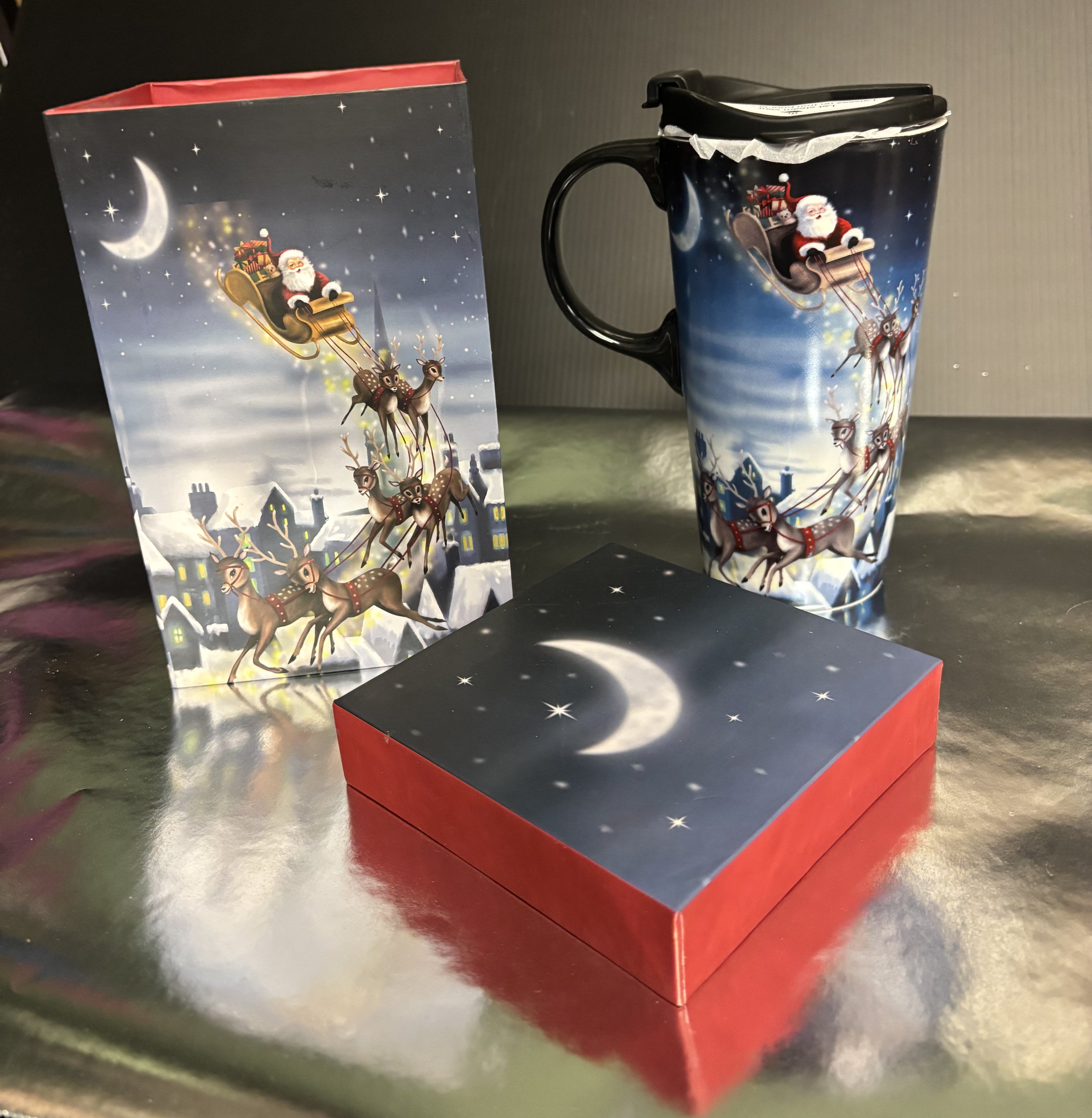 Santa and Reindeer 17oz Boxed Ceramic Travel Mug