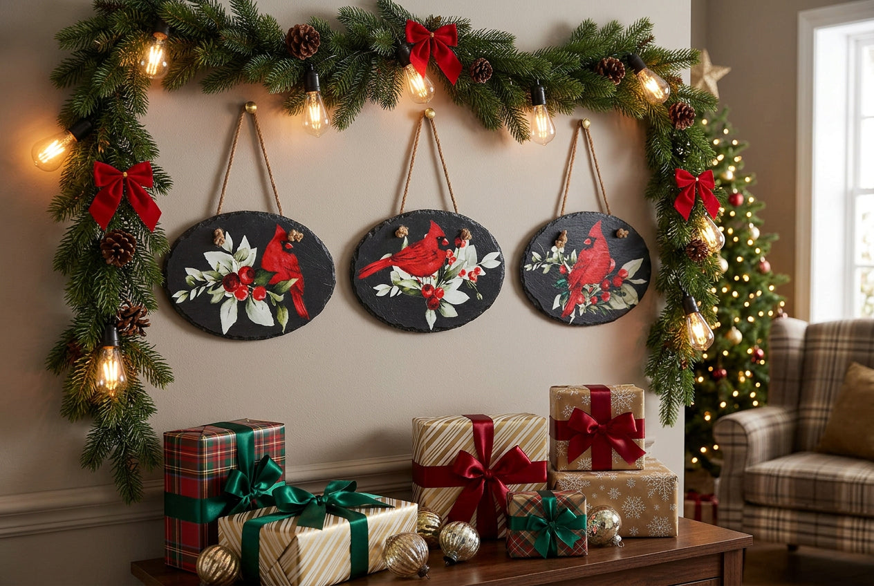 Oval Slate Cardinal Christmas Wall Hanging
