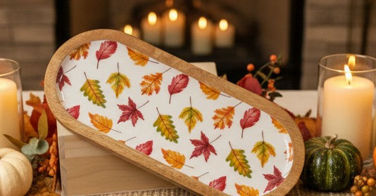 Oval Mangowood Fall Leaves Serving Tray