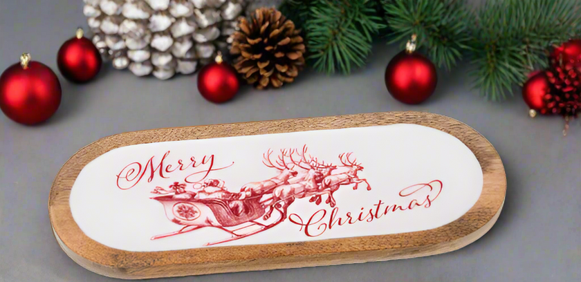 Oval Merry Christmas with Santa's Sleigh Serving Tray