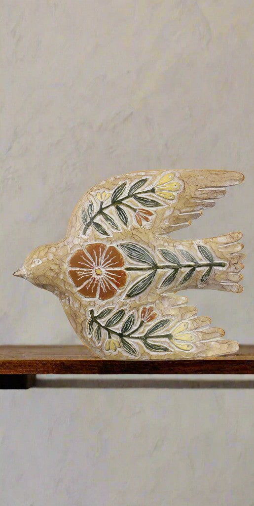 Resin Carved Tabletop Bird Figurine with Floral Design