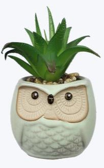 Stoneware Owl Planter with Artificial Succulent