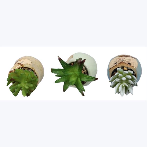 Stoneware Owl Planter with Artificial Succulent