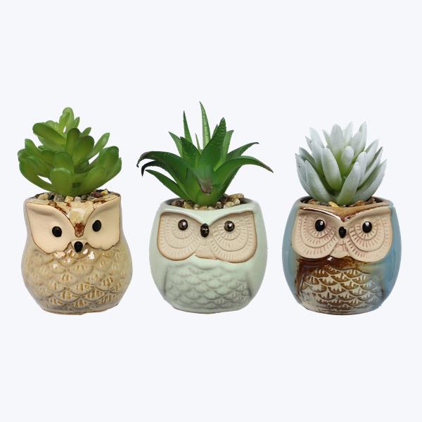 Stoneware Owl Planter with Artificial Succulent