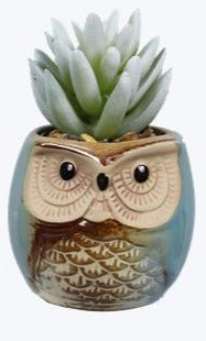 Stoneware Owl Planter with Artificial Succulent
