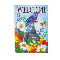 Bird on Vintage Water Tap Welcome Garden Suede Flag