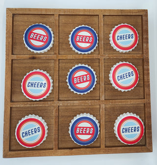 Beer Cap Tic-Tac-Toe with Wooden Board-14.25"x14.25"
