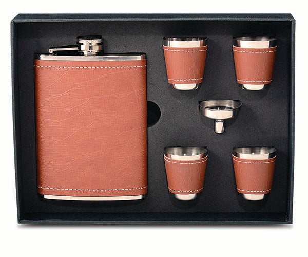 Stainless Steel and Faux Leather Flask Gift Set