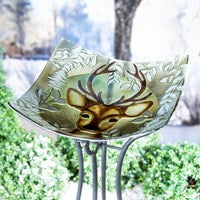 16.5" Hand Painted and Embossed Square Glass Bird Bath, Deer