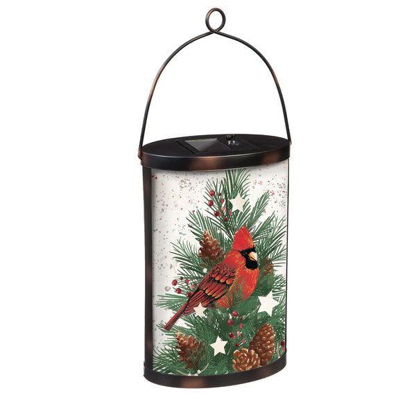 Cardinal and Winter Spruce, Hand Painted Solar Glass Lantern