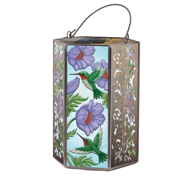 Hummingbird and Purple Florals Handpainted Embossed Glass and Metal Solar Lantern