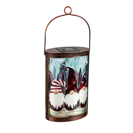 Winter Gnome Trio Handpainted Embossed Glass and Metal Solar Lantern