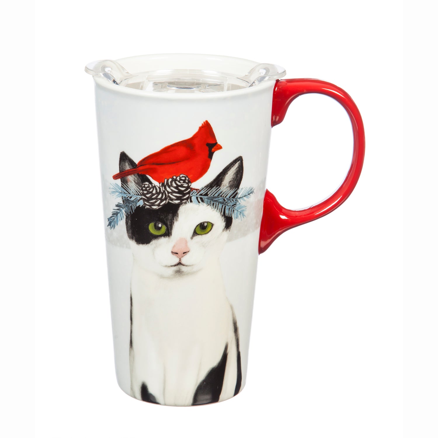Christmas Cat Ceramic Travel Cup, 17 OZ. ,w/box and Tritan Lid