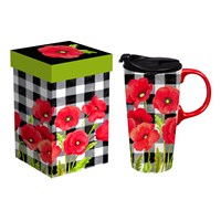 Poppies and Plaid Ceramic Travel Cup, 17 OZ., w/box