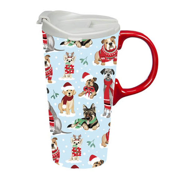 Winter Dogs in Scarves Ceramic Travel Cup, 17 OZ. ,w/box