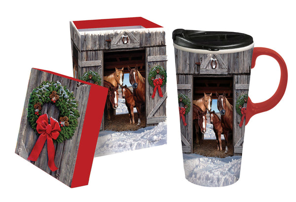 Holiday Horses, Ceramic Travel Cup w/ Silicone Paint Handle, 17 OZ. w/Box