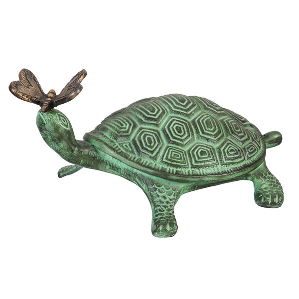 14"L Verdigris Metal Garden Statuary, Turtle and Butterfly