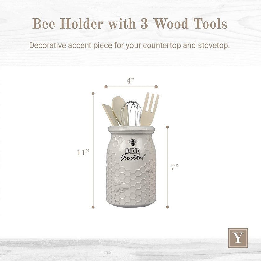 Ceramic Bee Utensil Holder with 3 Wood Tools