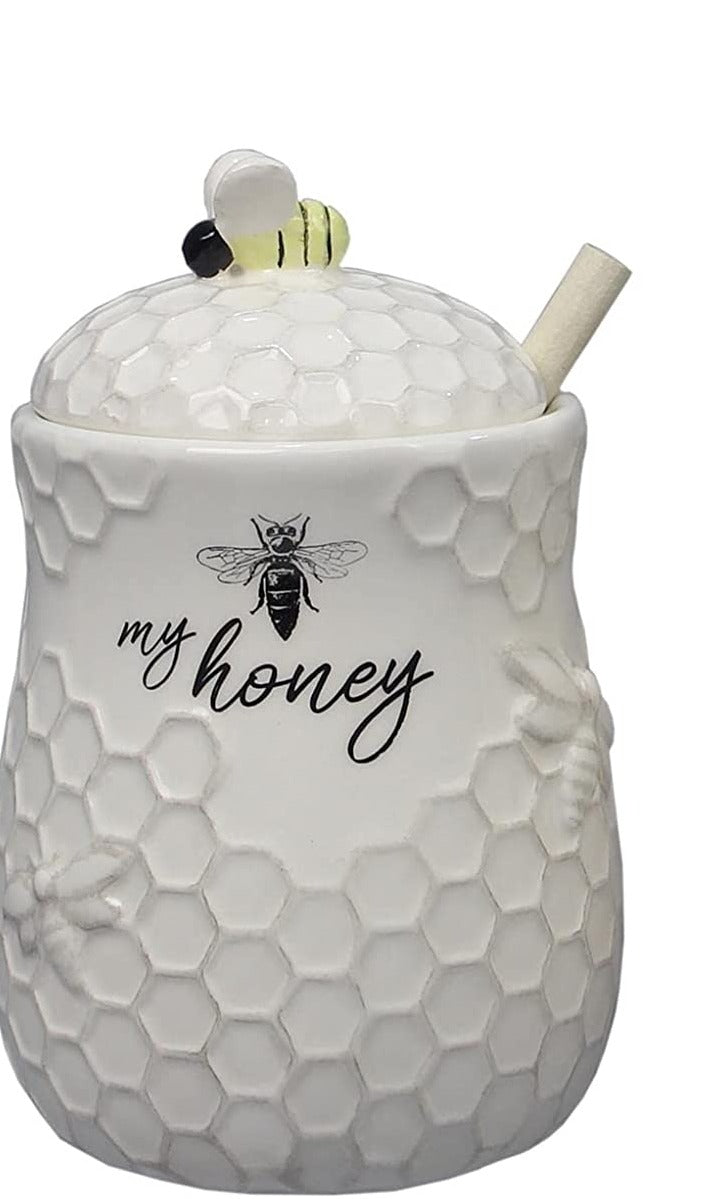 Ceramic Honey Jar with Wooden Honey Dipper