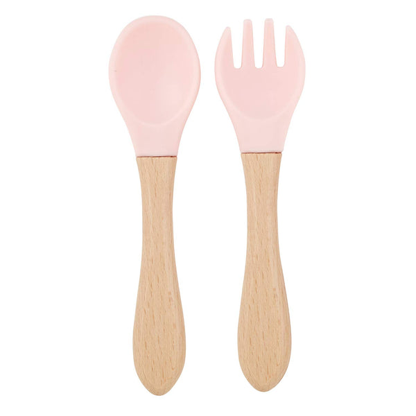 Natural Beech & Silicone Fork + Spoon Set, Pink