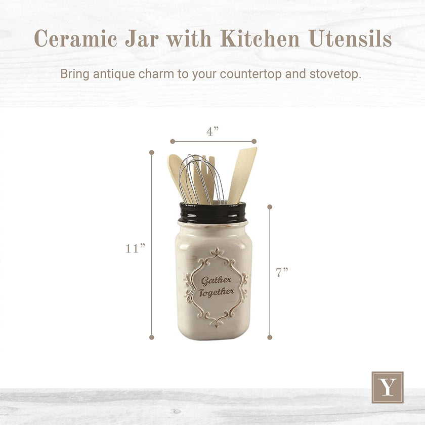 Ceramic Jar with Kitchen Utensils - 4'' L X 4'' W X 11'' H