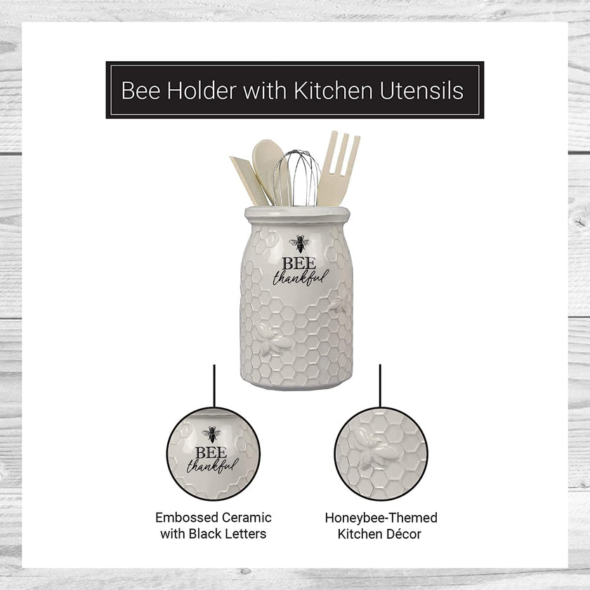Ceramic Bee Utensil Holder with 3 Wood Tools