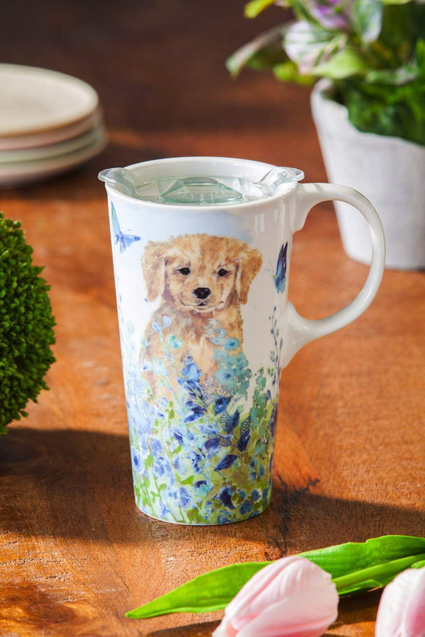"Puppies in Meadow" 17 oz. Ceramic Travel Mug - 4 x 5 x 7 Inches Insulated
