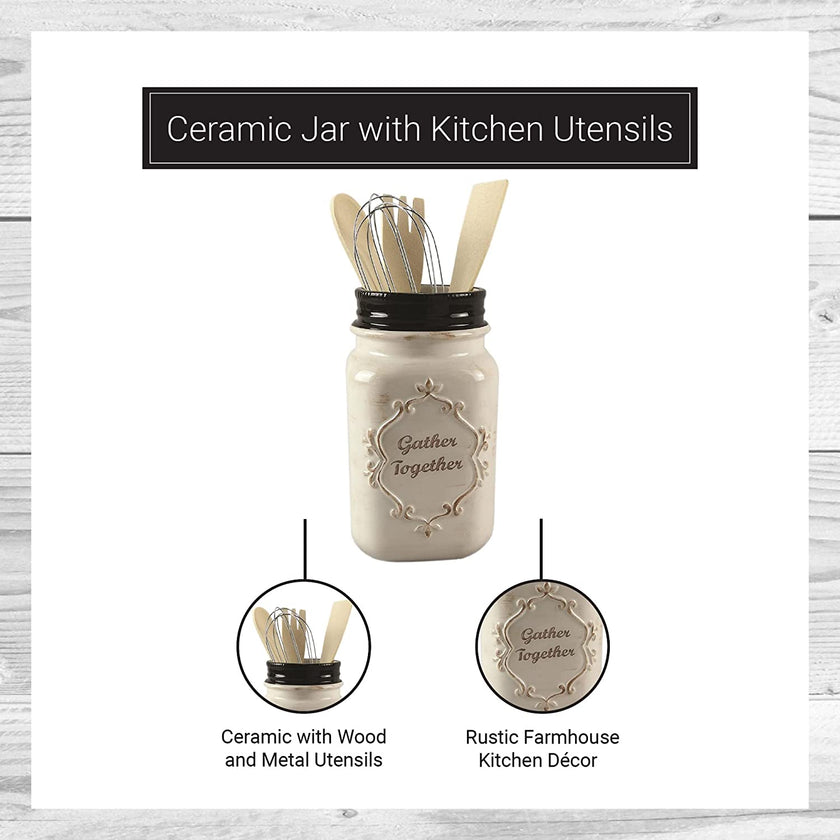 Ceramic Jar with Kitchen Utensils - 4'' L X 4'' W X 11'' H