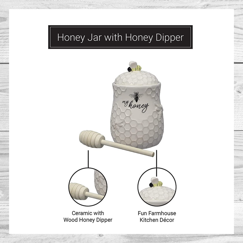 Ceramic Honey Jar with Wooden Honey Dipper