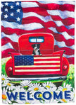Patriotic Black and White Pup in RedTruck Garden Suede Flag