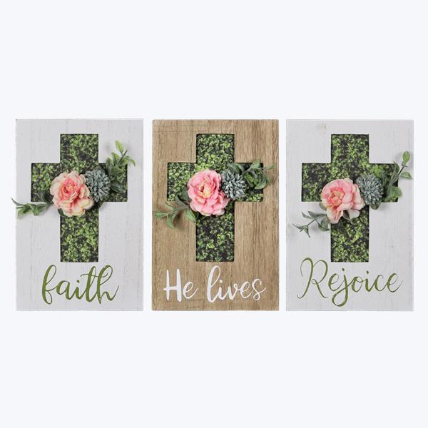 Wooden Easter Shadow Box Cross Sign with Artificial Flowers and Saying