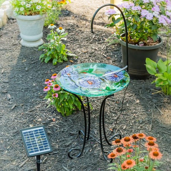 18" Hand Painted and Embossed Glass Bird Bath, Hummingbird Oasis