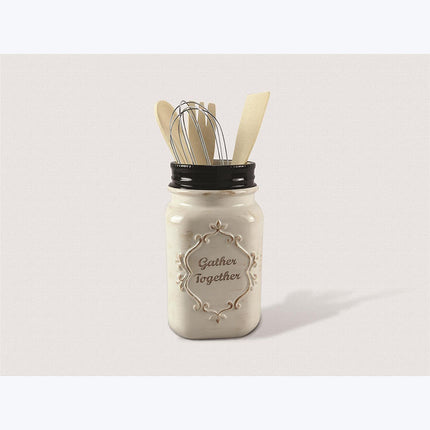 Ceramic Jar with Kitchen Utensils - 4'' L X 4'' W X 11'' H