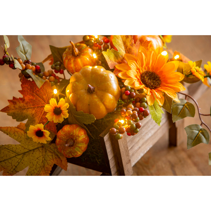 Fall Artificial Flowers in Cart with LED String Lights