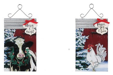 Tin Christmas Farm Animal Wall Sign With Wooden Cutout Accent