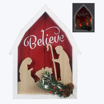 Wood Nativity in Red barn