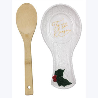 Wintergreen Christmas Ceramic Spoon Rest With Wooden Spoon