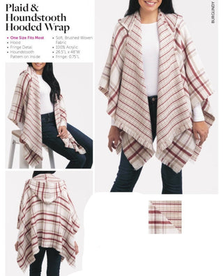 Plaid Houndstooth Hooded Wrap