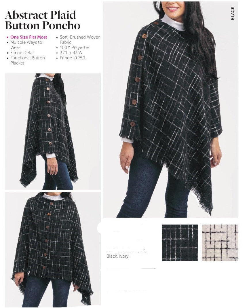 Abstract Plaid Button Poncho