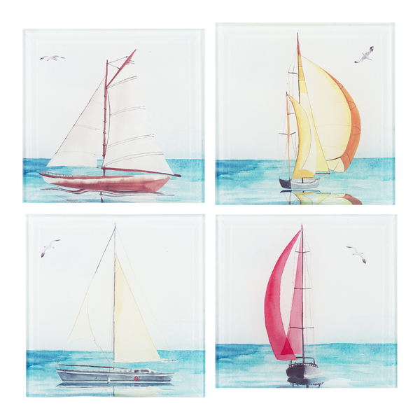 Glass Sailboat Coasters  with White wooden Holder(4 pc. set)