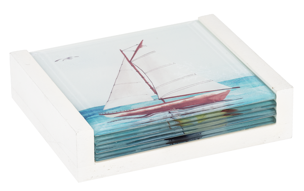 Glass Sailboat Coasters  with White wooden Holder(4 pc. set)