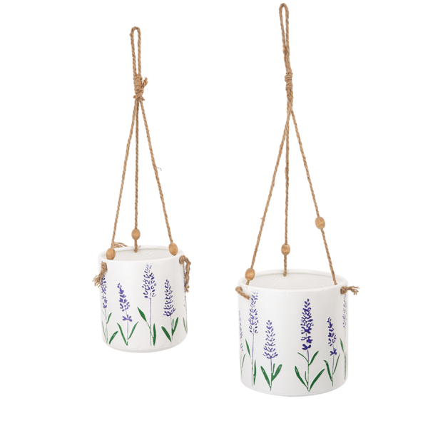 Embossed Lavender Round Metal Hanging Planter with Wood Beads